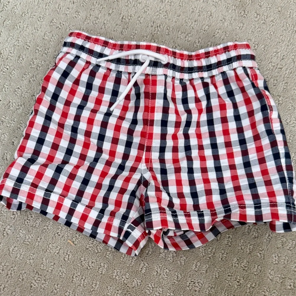 Janie and Jack Red, Navy & White Gingham Swim Trunks